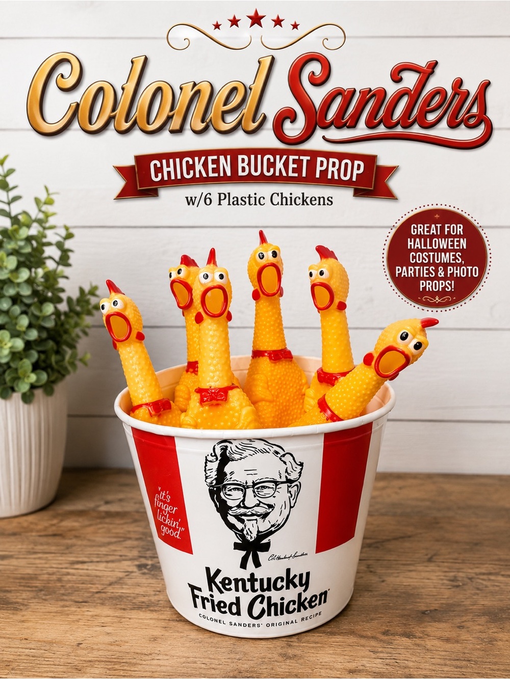 🐔 Colonel Sanders Chicken Bucket Prop + 6 Rubber Chickens Halloween